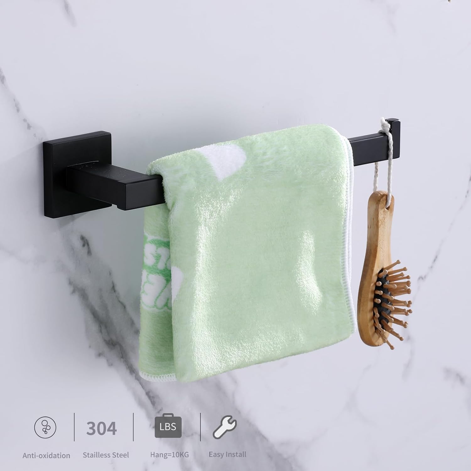 Toallero de mano negro mate, 2 piezas, anillo de toalla de baño, toallero de baño, toallero cuadrado de acero inoxidable montado en la pared,