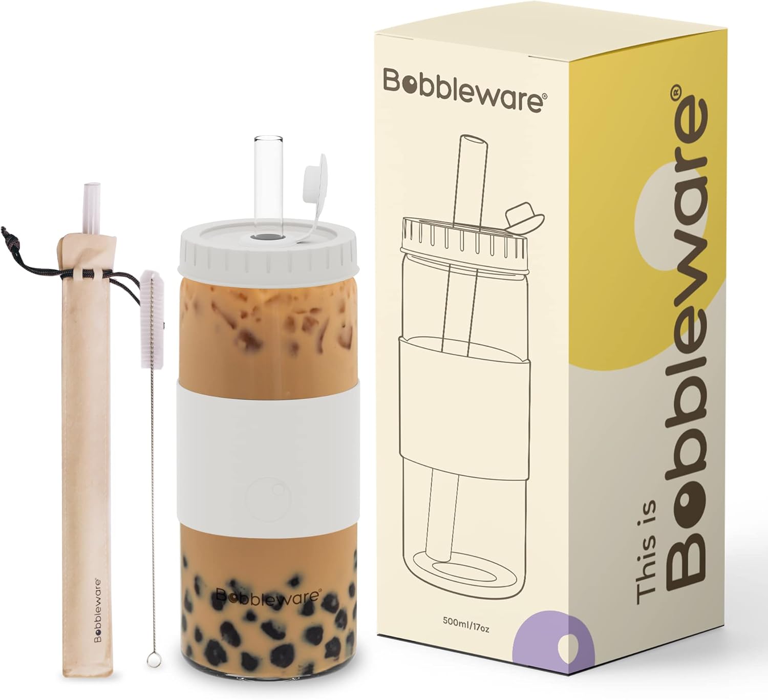 Vaso de té de burbujas de vidrio borosilicato con tapa y pajilla, vaso de batido Boba reutilizable, vaso de viaje de boca ancha con funda, a prueba