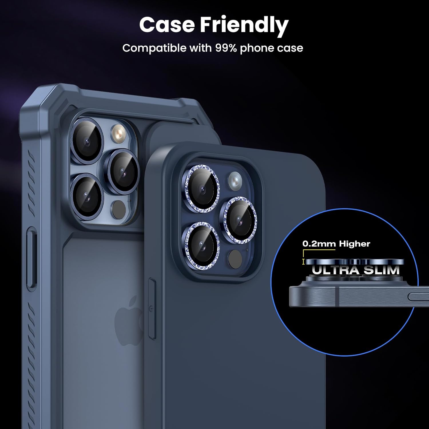 Tensea Protector de lente de cámara para iPhone 15 ProiPhone 15 Pro Max, protector de pantalla de vidrio templado 9H, anillo individual de metal