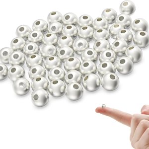 Cuentas de plata de ley 925 para hacer joyas, 50 cuentas sueltas de plata S925, cuentas redondas lisas de plata para pulseras apilables, joyería y Cuentas de plata de ley 925 para hacer joyas, 50 cuentas sueltas de plata S925, cuentas redondas lisas de plata para pulseras apilables, joyería y