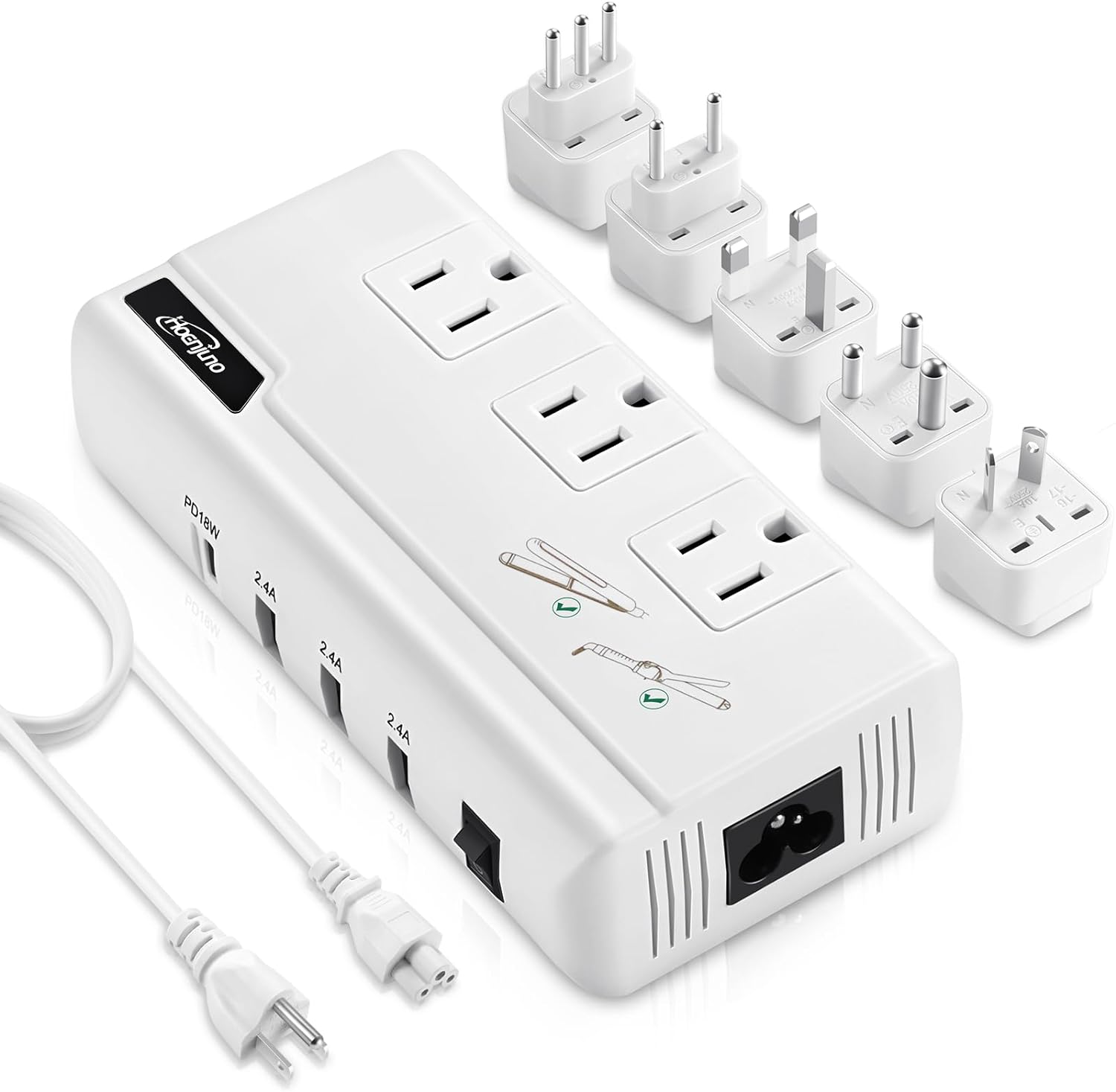 Adaptador de viaje internacional de 220 V a 110 V convertidor de corriente con 18 W PD USB-C para alisador de cabellorizador, adaptador de enchufe