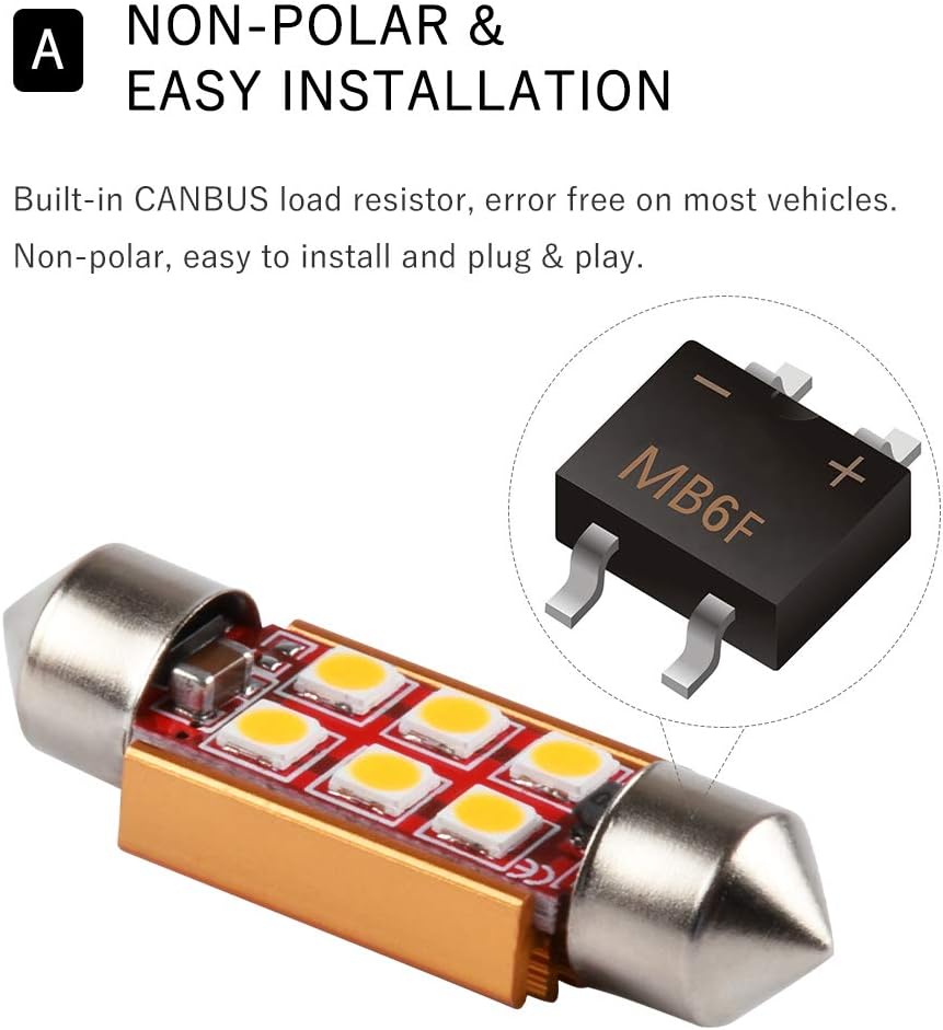 1797 Bombilla LED C5W 6411 6418 DE3425 de 1.417 in, luz blanca cálida 3030 SMD para coches, mapa, matrícula, cajuela, luces de repuesto para lámpara