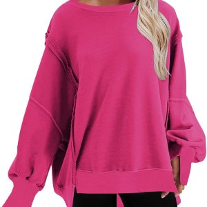 SHOPESSA Sudadera de gran tamaño con cuello redondo para mujer, dobladillo dividido, hombros caídos, sudadera con capucha y ajuste holgado casual SHOPESSA Sudadera de gran tamaño con cuello redondo para mujer, dobladillo dividido, hombros caídos, sudadera con capucha y ajuste holgado casual