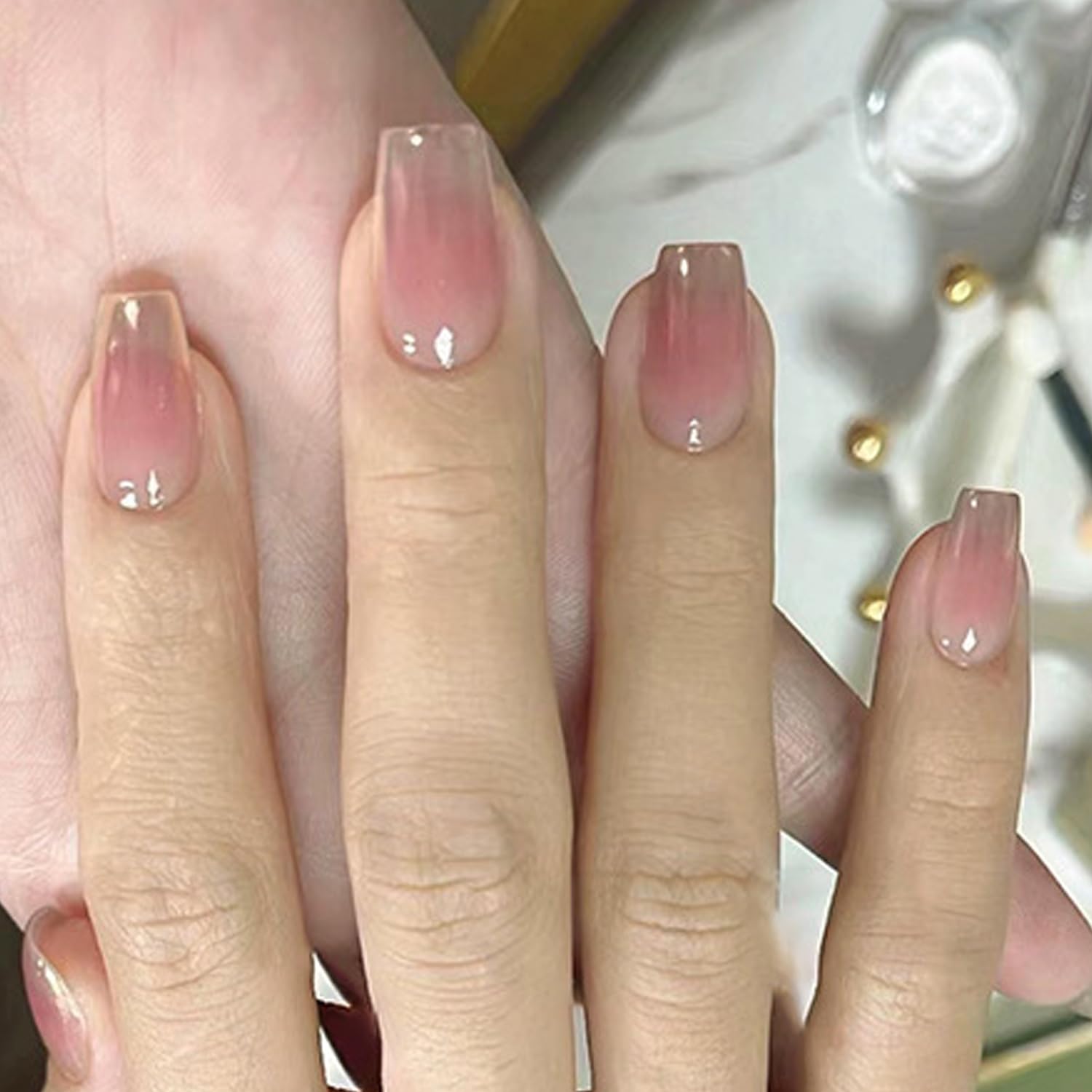 30 unidades de uñas postizas a presión color rosa aurora, uñas postizas medianas con diseño de ataúd, uñas postizas con pegamento en las uñas, uñas