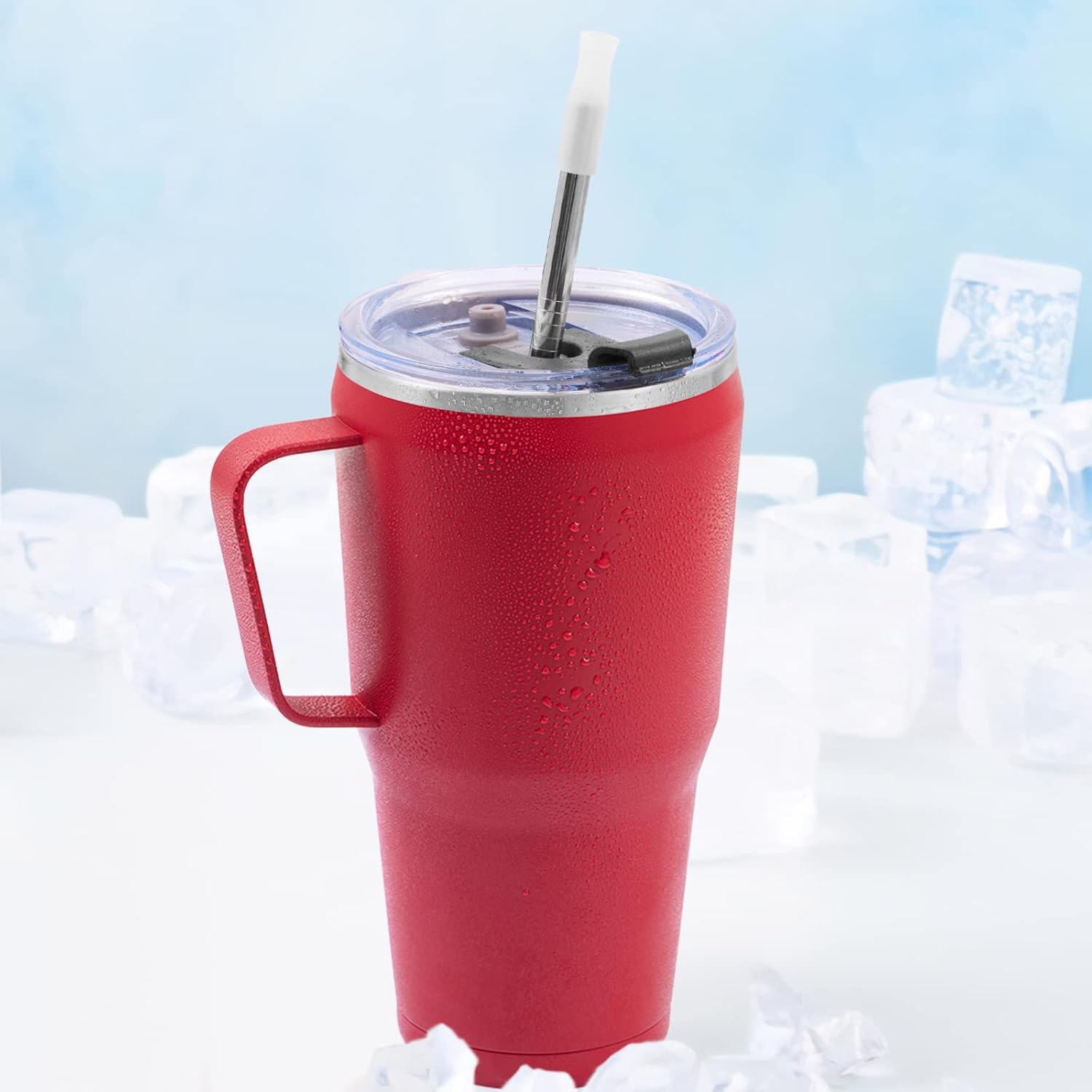 JEAREY Vaso de 30 onzas con asa, vaso de acero inoxidable con tapa y popote, vaso aislado de viaje para bebidas calientes y bebidas frías, vasos