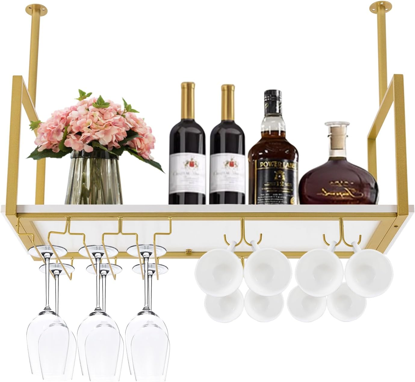 Estante rústico para copas de vino, 31.5 pulgadas, soporte de metal para copas de vino, soporte para tazas y estante, barra de techo de metal para