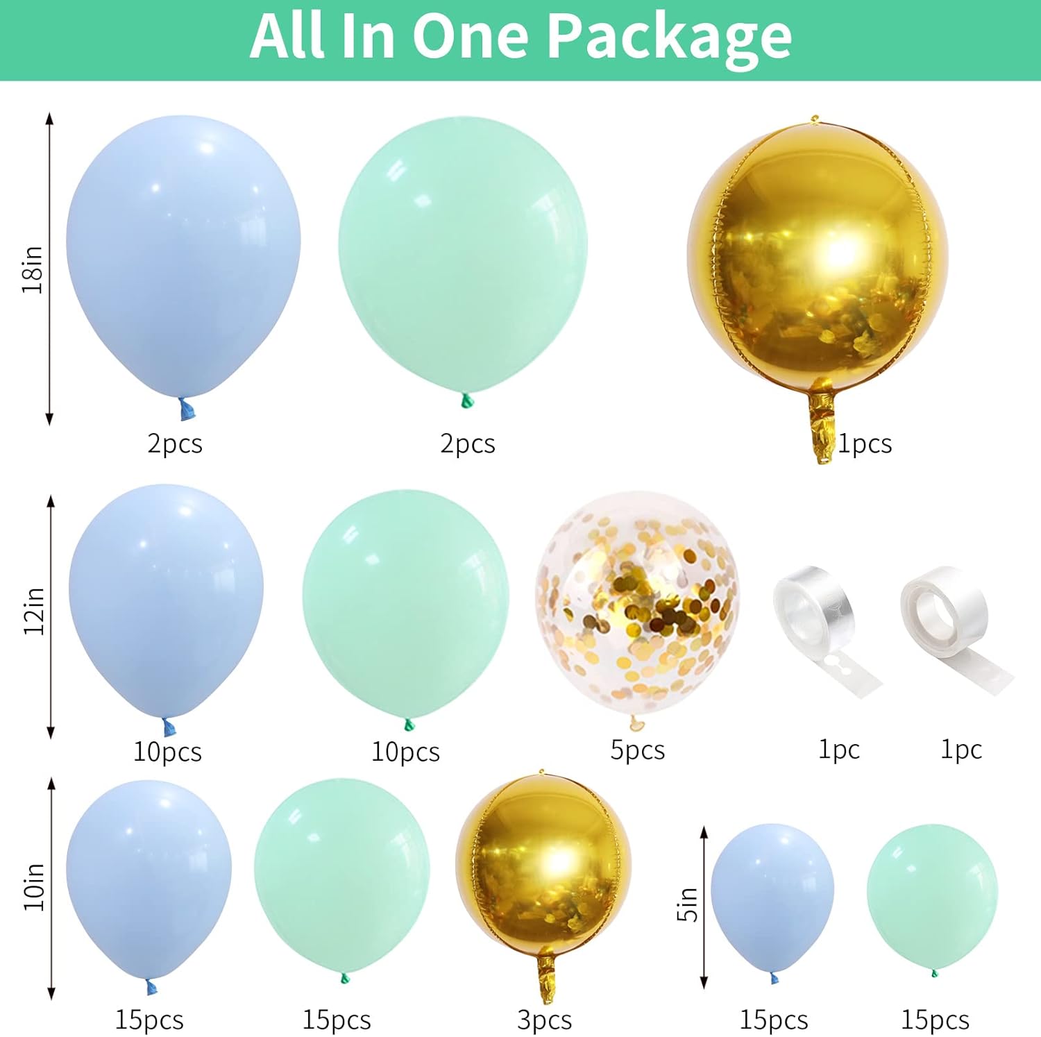 Kit de arco de guirnalda de globos color verde menta pastel y azul con globos dorados metálicos 4D, globo de papel de aluminio, confeti dorado, té