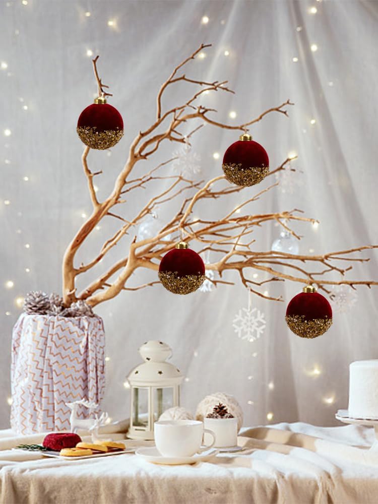 Bolas de Navidad rojas de 3 pulgadas, bolas colgantes para árbol de Navidad de terciopelo rojo, bolas de espuma de lentejuelas con purpurina