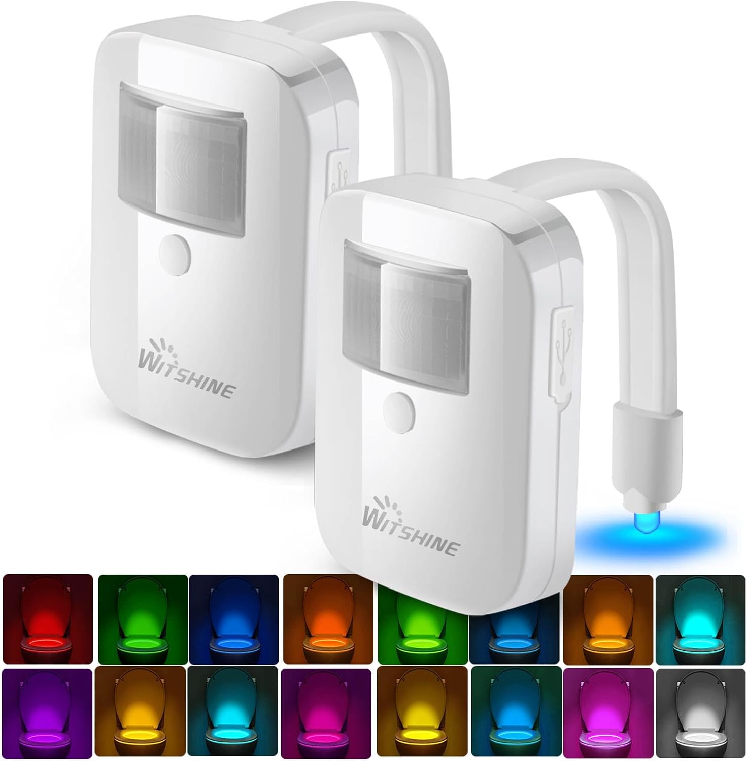 Paquete de 2 luces de noche recargables para inodoro, 16 colores con detección de movimiento, luz para cuenco de baño, novedosa y divertida