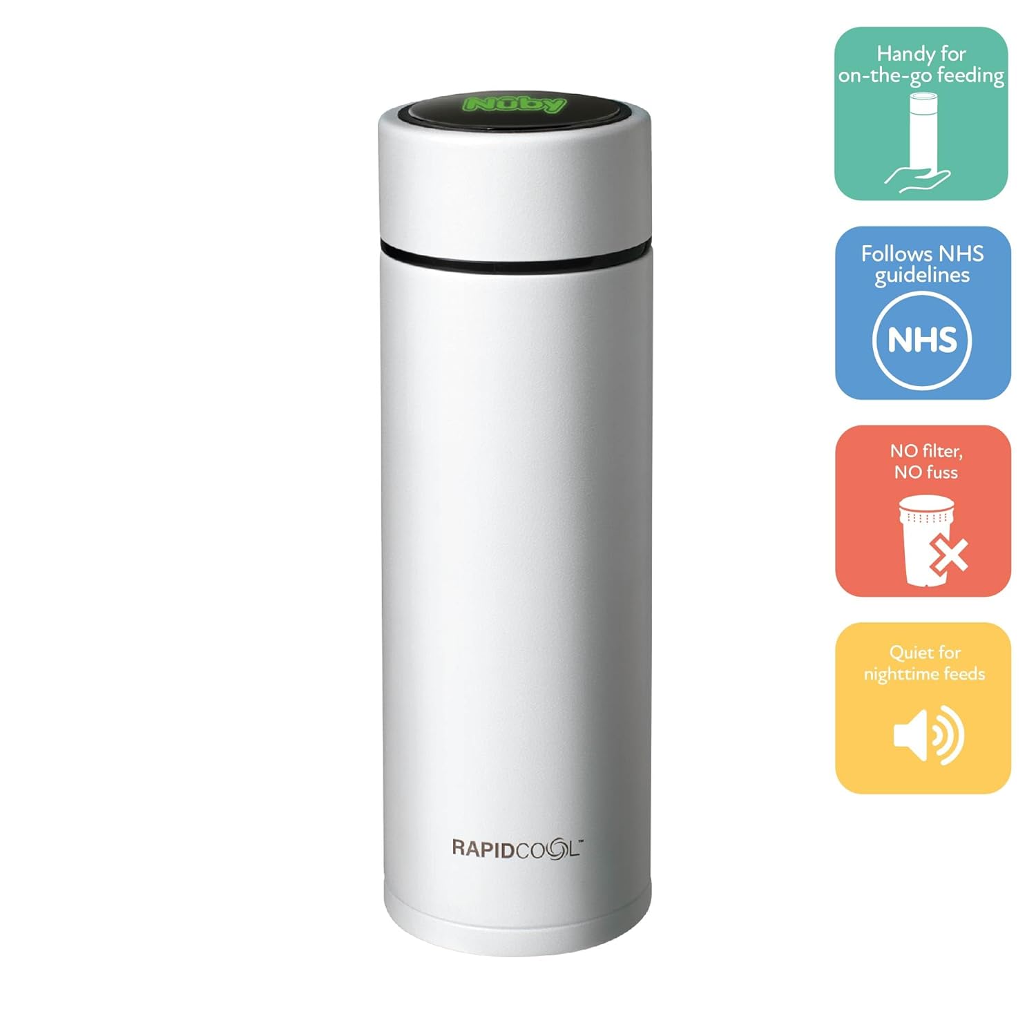 Nuby RapidCool – Fabricante portátil de biberones para bebés, sin BPA, incluye dispensador de leche en polvo y tapa digital, ideal para biberones de