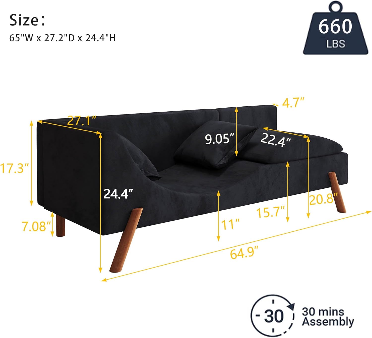 Sofá biplaza convertible de terciopelo de 65 pulgadas, moderno de mediados de siglo, con patas de madera para sala de estar, tumbona corta y