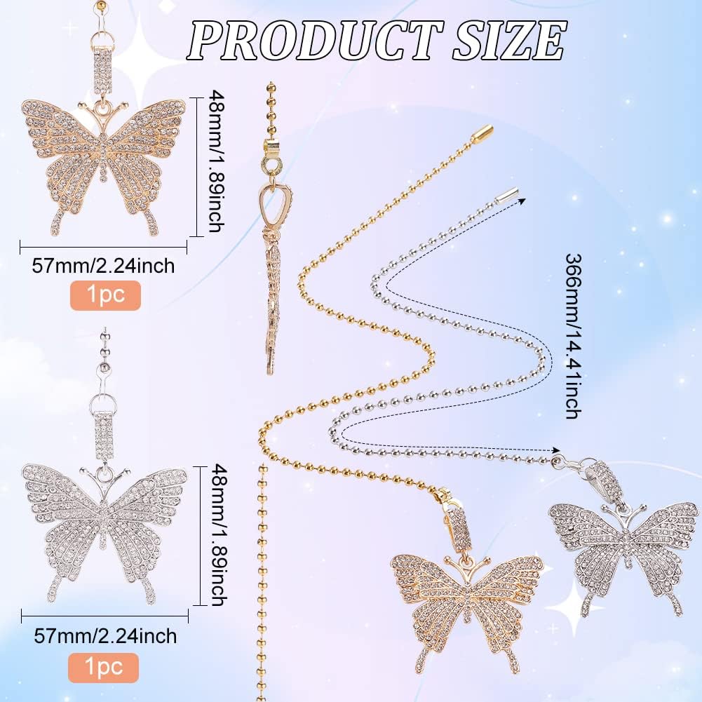 BENECREAT 2 extensores de cadena de ventilador de techo de mariposa con diamantes de imitación de aleación con cadena de bola de acero inoxidable