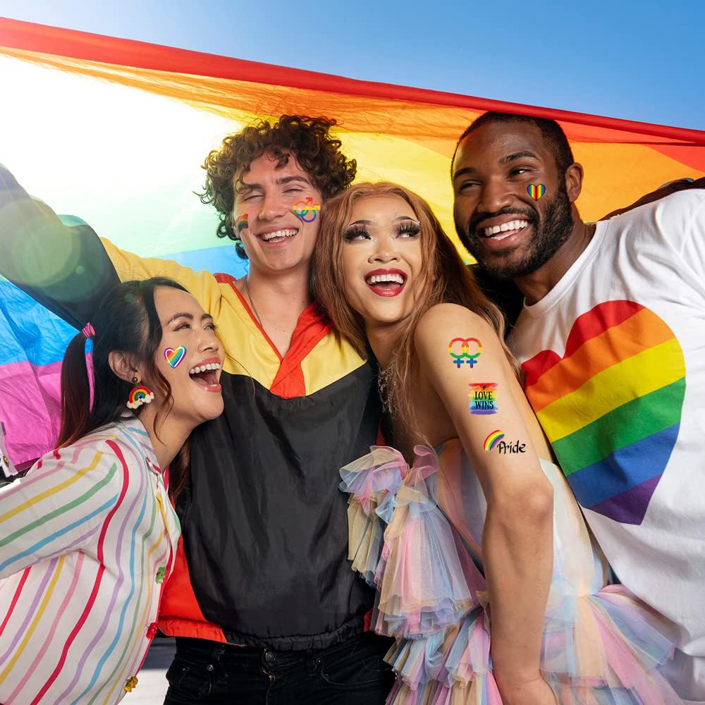 Calcomanías de tatuaje de orgullo gay, 71 piezas LGBT arco iris temporales tatuajes arco iris, mariposa, flor, corazón, amor, tatuajes para adultos,