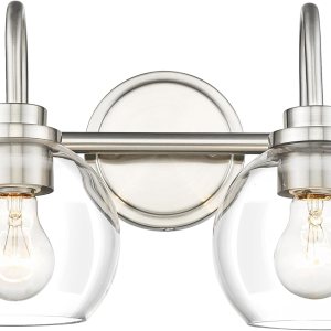 AD-22280-2W-SN – Lámpara de tocador de baño de 2 luces, níquel cepillado con pantalla de vidrio transparente, luz de tocador de baño de granja sobre AD-22280-2W-SN – Lámpara de tocador de baño de 2 luces, níquel cepillado con pantalla de vidrio transparente, luz de tocador de baño de granja sobre