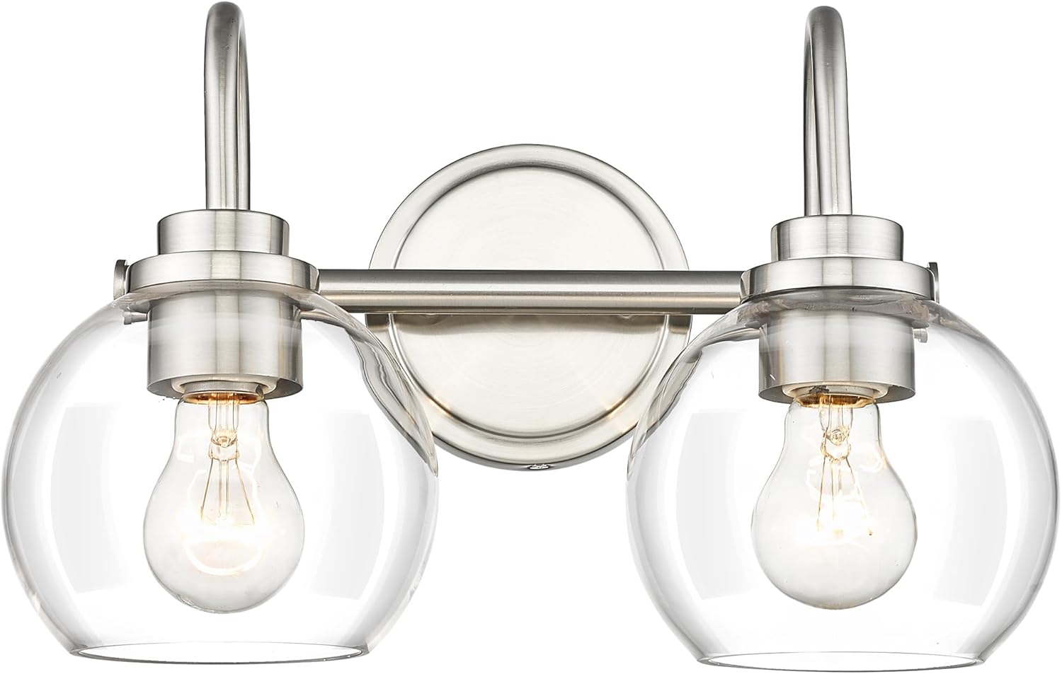 AD-22280-2W-SN – Lámpara de tocador de baño de 2 luces, níquel cepillado con pantalla de vidrio transparente, luz de tocador de baño de granja sobre