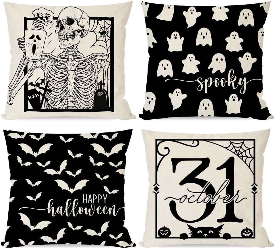 PANDICORN Juego de 4 fundas de almohada de Halloween de 20 x 20 pulgadas, diseño de murciélagos de esqueleto, gato negro, fantasma, decoración de