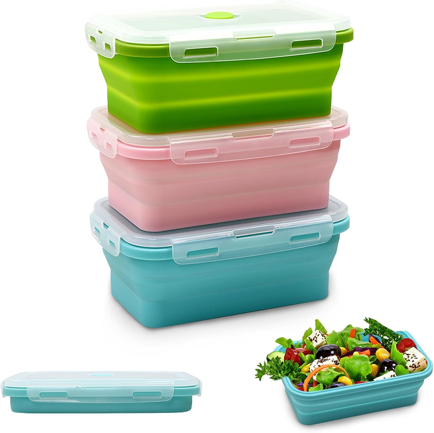 Alimat PluS Contenedores pequeños de silicona para almacenamiento de alimentos con tapas, juego de 3 recipientes plegables de 16.9 onzas líquidas,