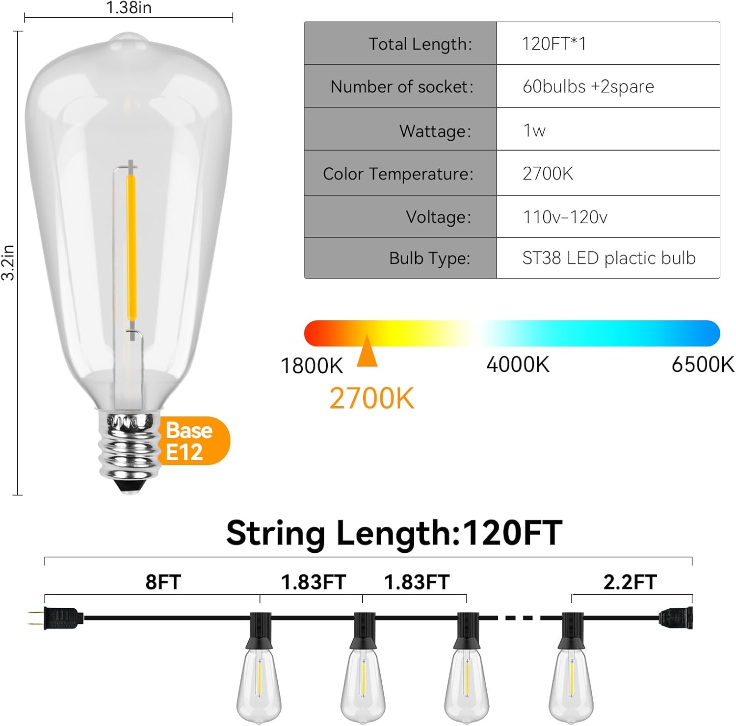 Paquete de 1 tira de luces para exteriores de 120 pies, impermeable, con 62 bombillas LED regulables inastillables, aprobación UL, ST38, bombillas