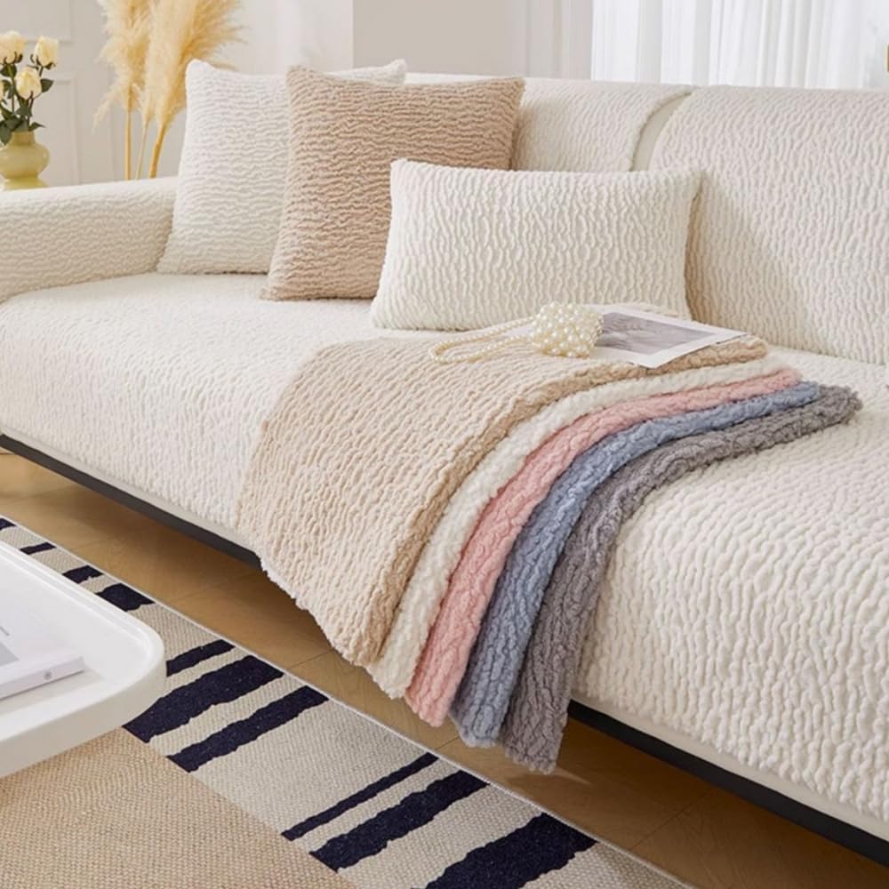 Funda de sofá de forro polar bereber de color crema, antiarañazos, fundas para sofá modulares suaves y esponjosas, cojín de sofá estilo crema