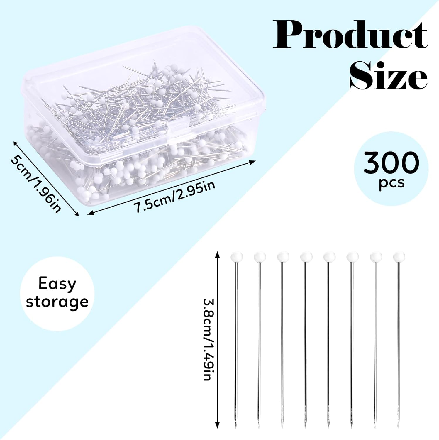 Alfileres de costura, 300 alfileres rectos para tela, alfileres de acolchado de cabeza de bola perlada blanca de 1.5 pulgadas, alfileres de costura