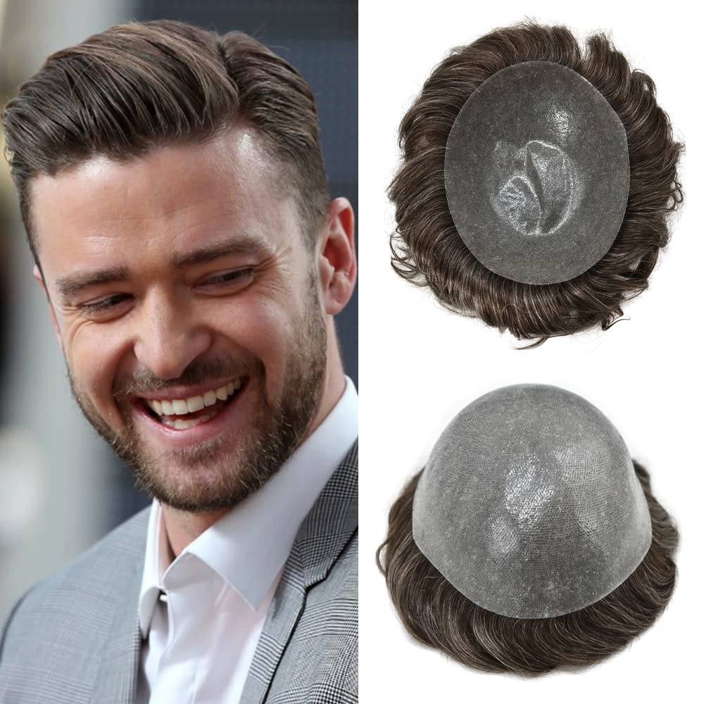 Toupee para hombres Sistema de reemplazo de cabello humano PU piel fina V-looped negro unidades de cabello masculino naturaleza para hombre Toupee