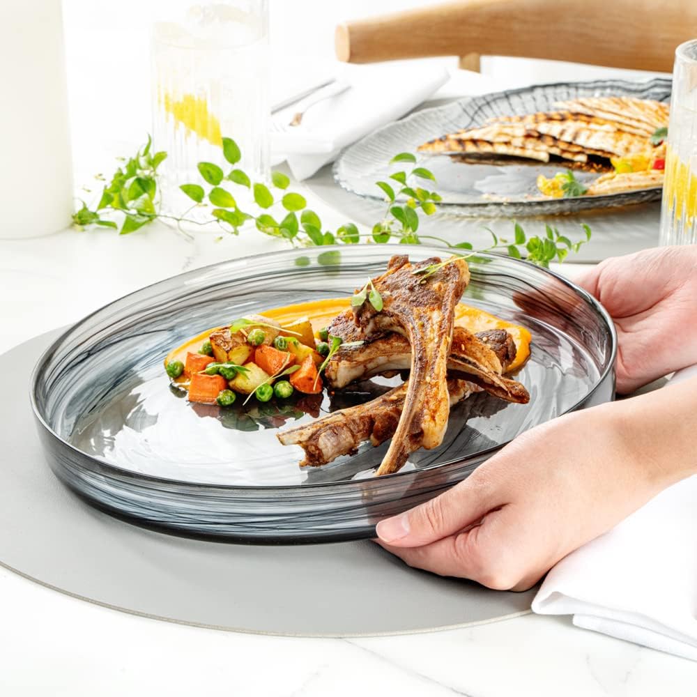 Restaurantware Vetri – Platos de vidrio de 11 x 11 x 1.2 pulgadas, 6 platos únicos y duraderos  Vajilla de alabastro de vidrio negro lavable con