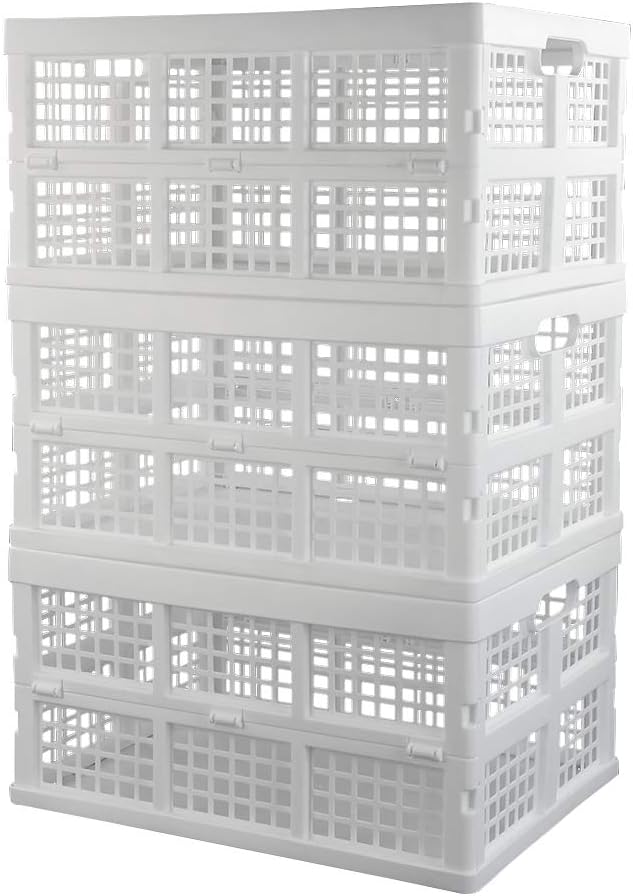 Asking Paquete de 3 cajas plegables apilables de plástico de 30 L, caja de almacenamiento plegable, color blanco