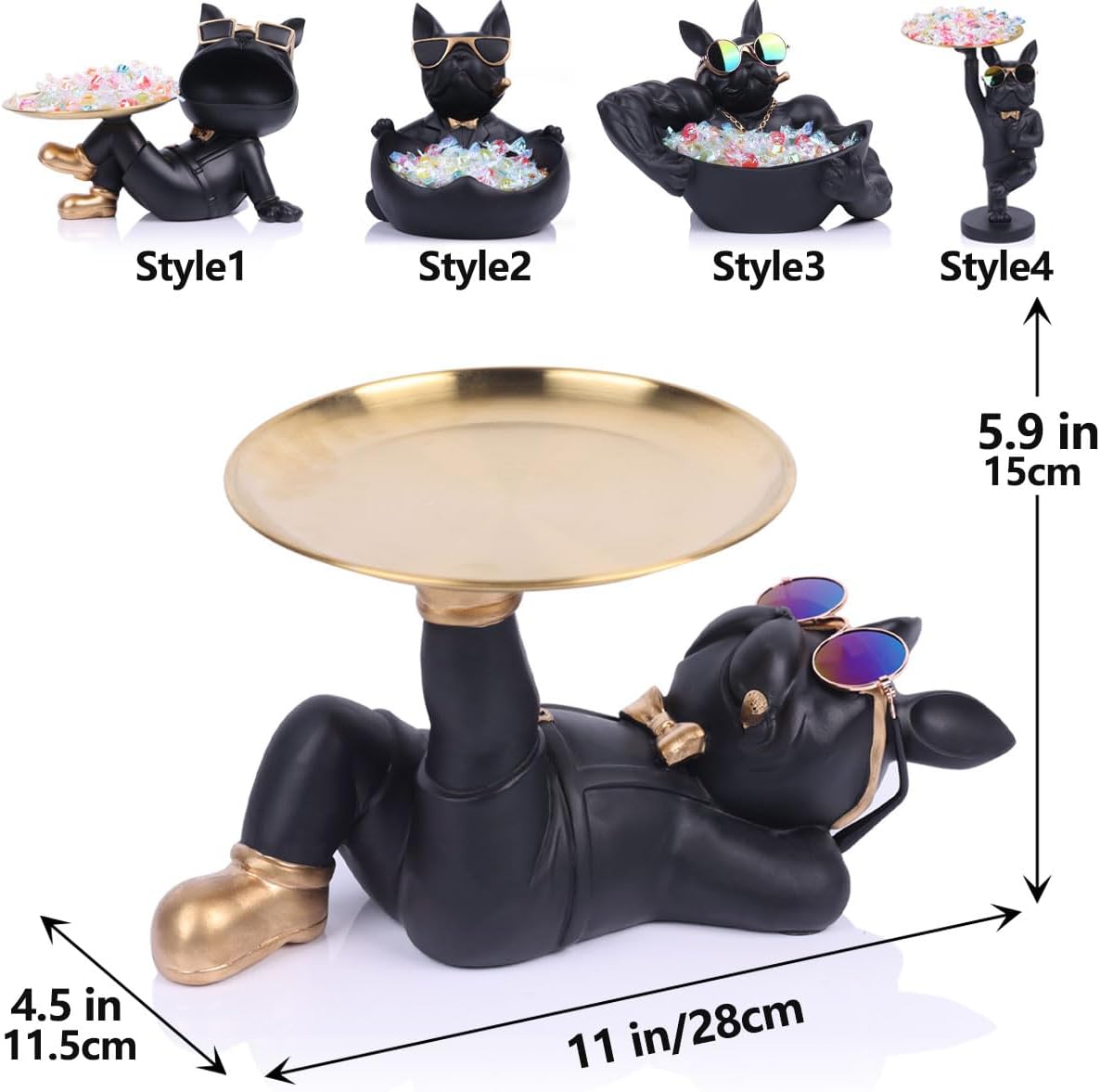 Estatua de bulldog francés negro  Bandeja de bulldog para dulces y soporte para llaves, almacenamiento de joyas, ideal para decoración moderna del
