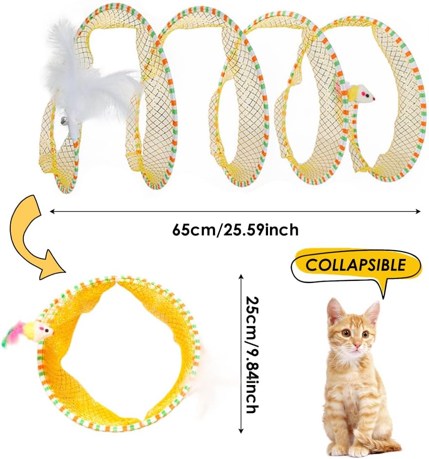 Túneles plegados para gatos de interior, 2 piezas de túnel de tubo plegable grande para gatos con juguetes de ratón de plumas, túnel de juego de