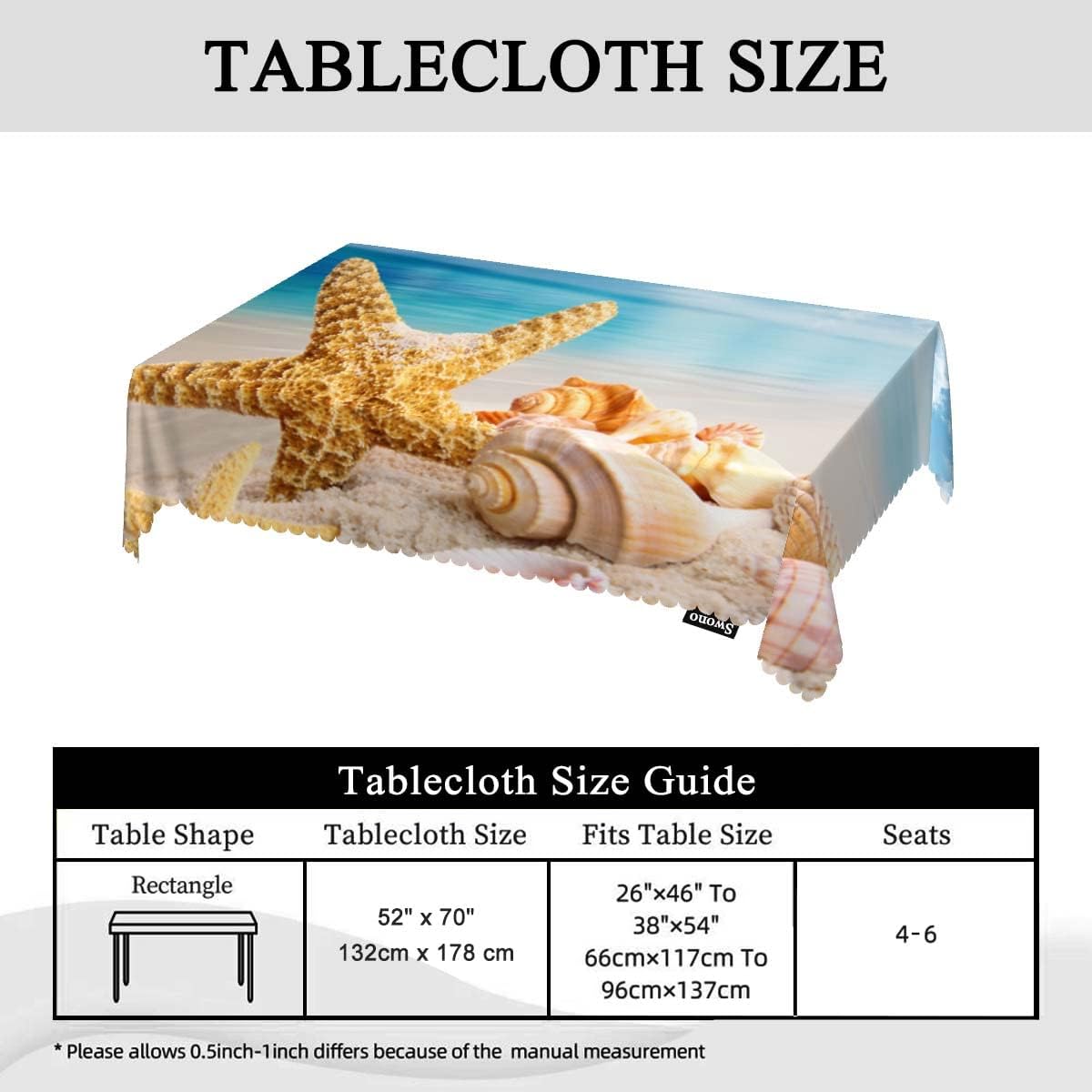 Swono Seashell – Mantel oblongo, de 52 x 70 pulgadas, diseño de océano tropical, estrellas de mar y conchas marinas, sin arrugas, mantel de granja