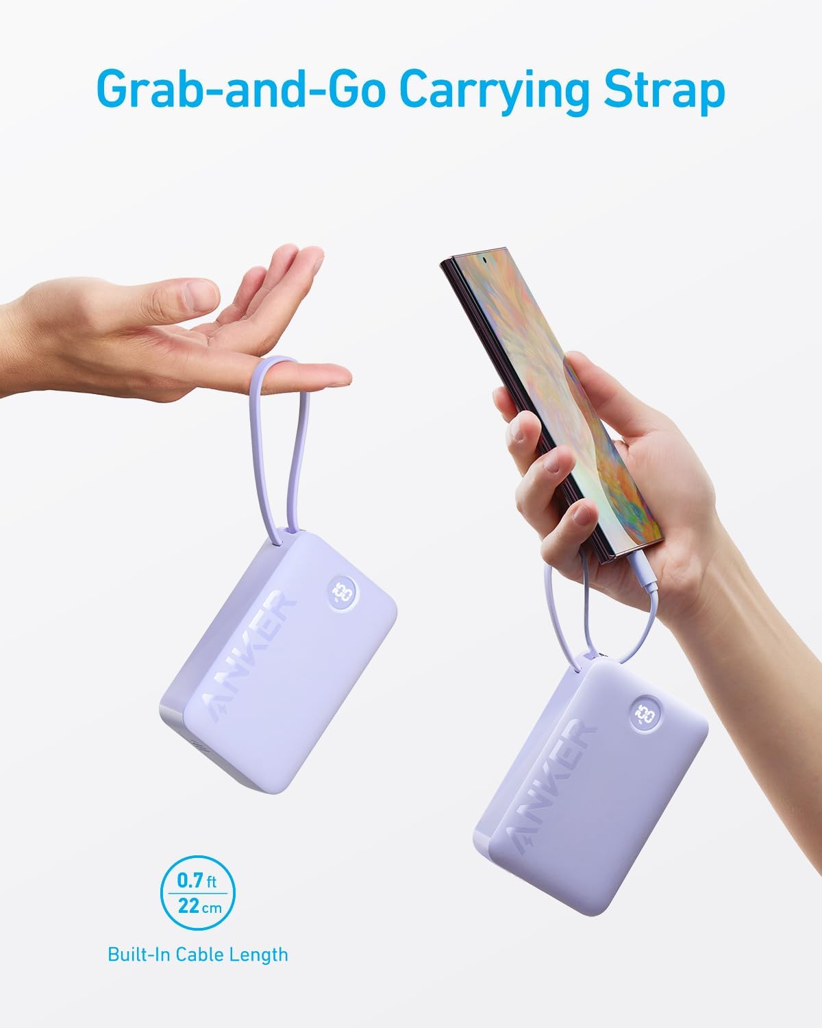 Anker Paquete de batería de batería de 20,000 mAh, 22,5 W, cargador portátil de carga de alta velocidad con cable USB C integrado, 1 USB-C, 1 USB-A,