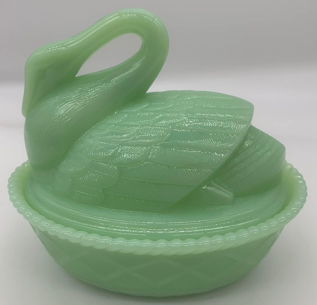 Plato de cisne cubierto – Jade Jadeíta Jadita Cristal Verde – 2 Piezas – Molde de vidrio Westmoreland – USA