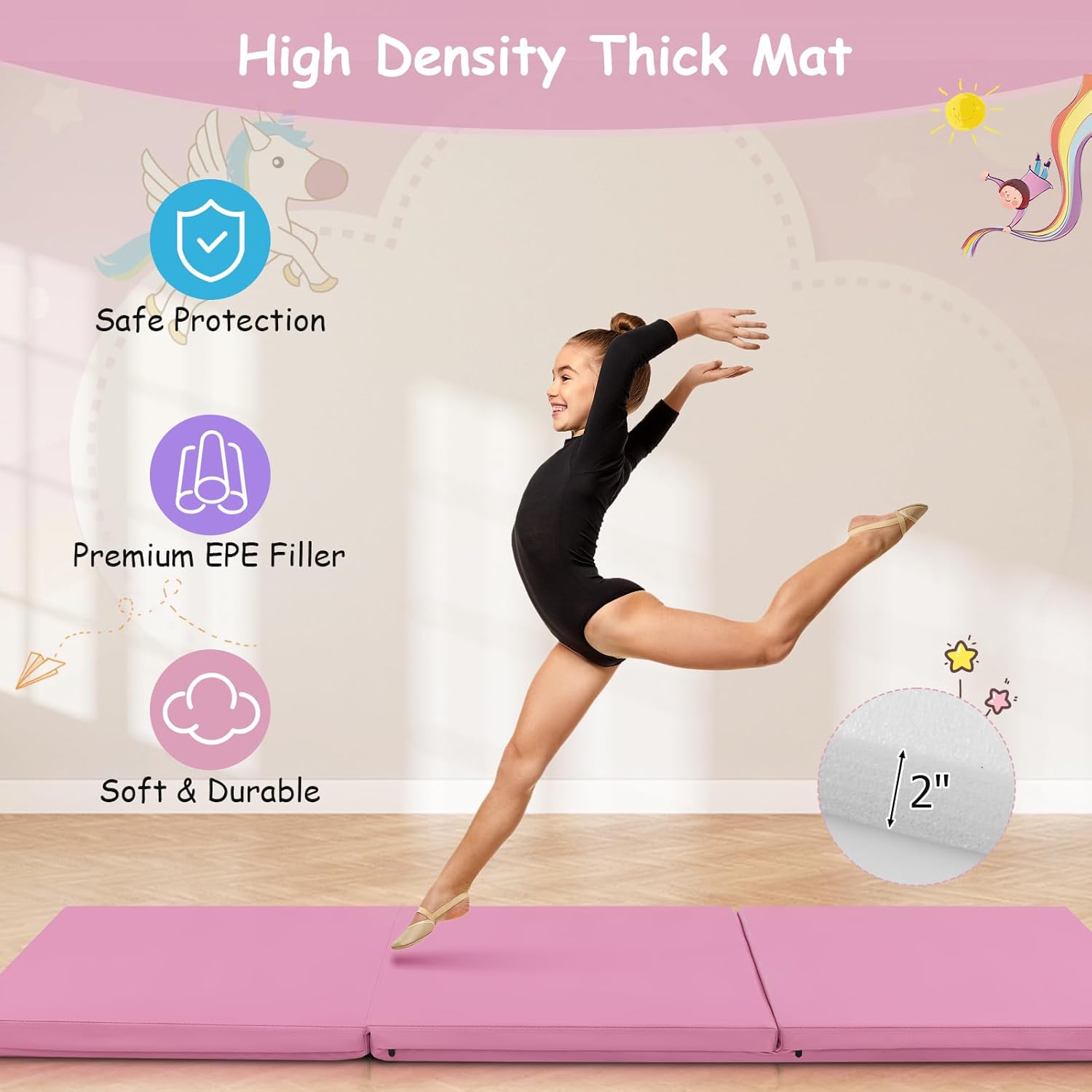 Giantex Colchoneta de gimnasia de 6 x 2 pies, tapete plegable de 2 pulgadas de grosor con cierre de gancho y bucle, tapete de gimnasio plegable con