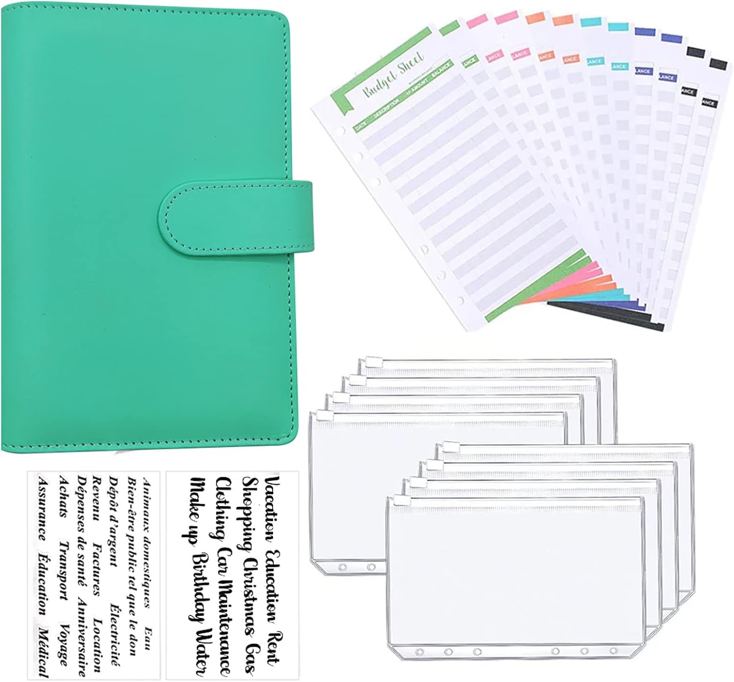 Carpeta de piel sintética para planificar presupuestos A6 de 6 colores con sobres de efectivo con cremallera y hojas de presupuesto de gastos, libro