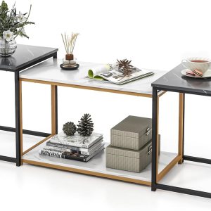 Giantex Moderna mesa auxiliar anidable, juego de 3 mesas auxiliares de mármol sintético con marco de metal resistente, 1 mesa rectangular y 2 mesas Giantex Moderna mesa auxiliar anidable, juego de 3 mesas auxiliares de mármol sintético con marco de metal resistente, 1 mesa rectangular y 2 mesas