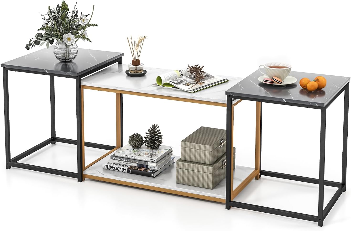 Giantex Moderna mesa auxiliar anidable, juego de 3 mesas auxiliares de mármol sintético con marco de metal resistente, 1 mesa rectangular y 2 mesas