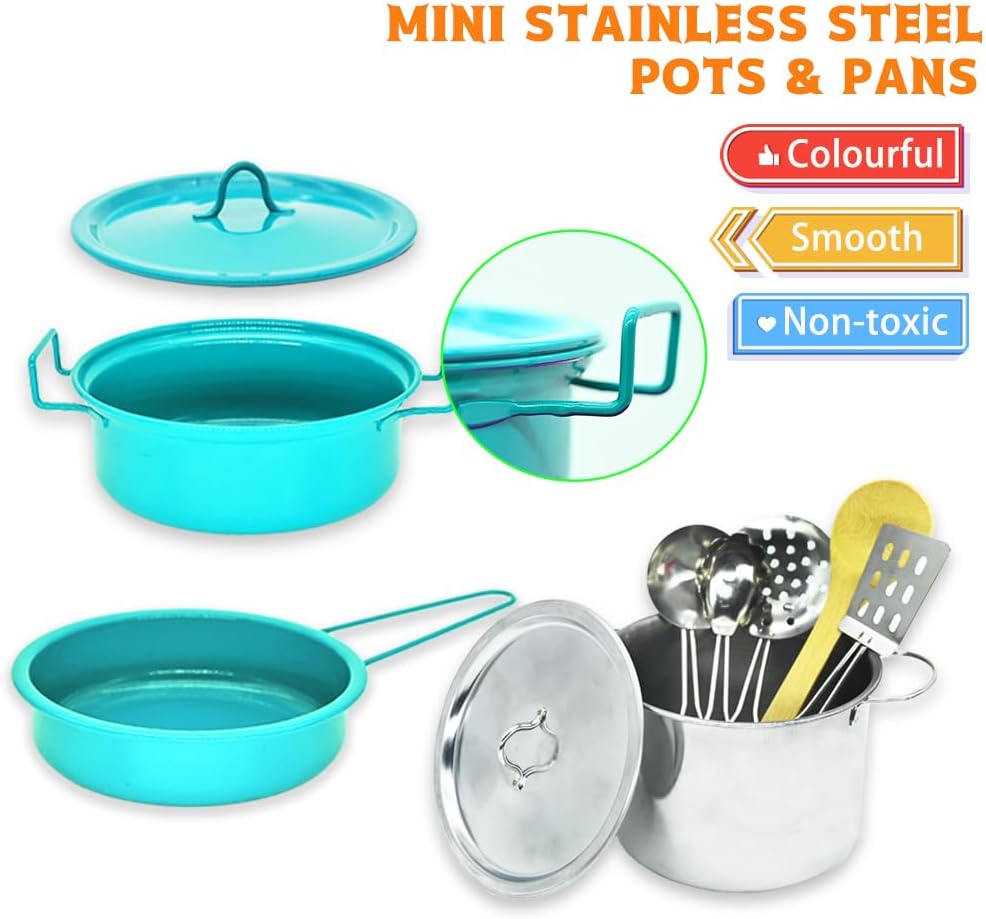 KKmon Juego de accesorios de cocina para niños, juego de 36 ollas y sartenes de acero inoxidable para niños, juego de cocina de simulación con juego