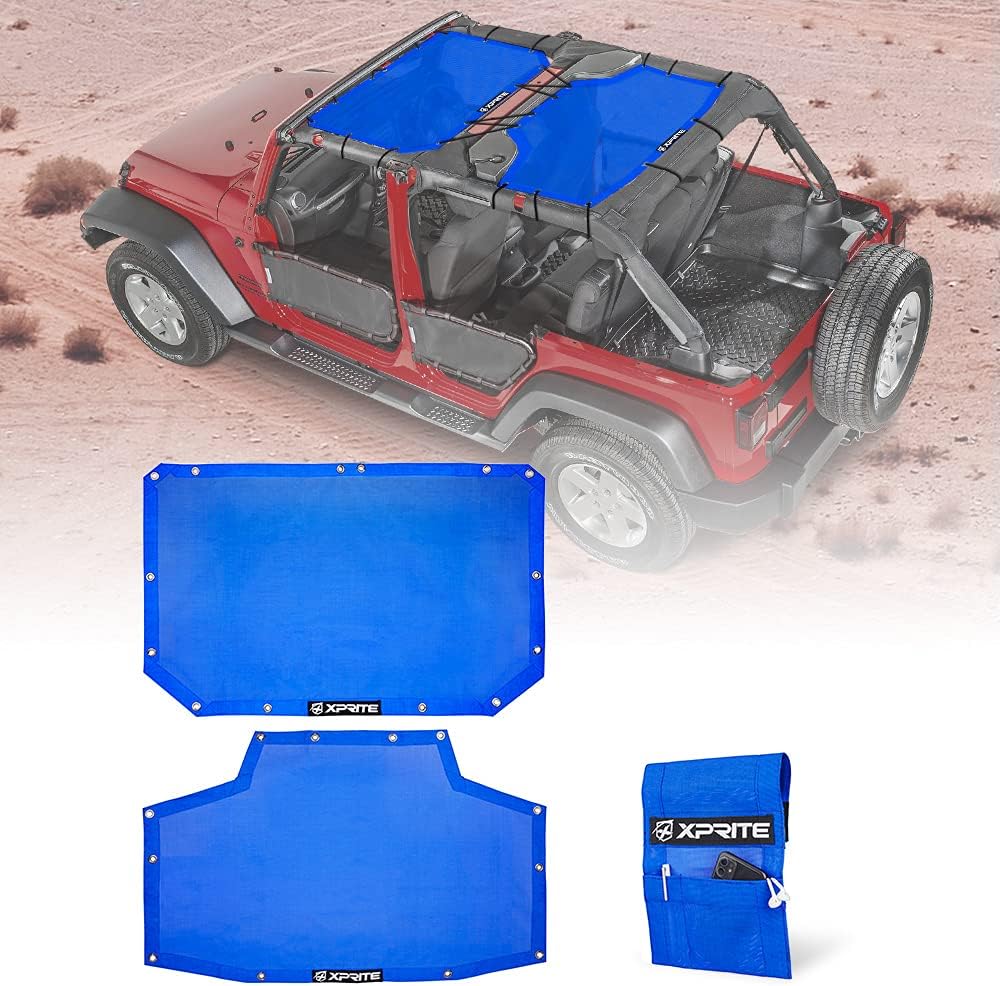 Xprite Parasol compatible con Jeep Wrangler JK JKU 2007-2018, malla de parasol delantero y trasero de 4 puertas, 2 piezas de cubierta superior para