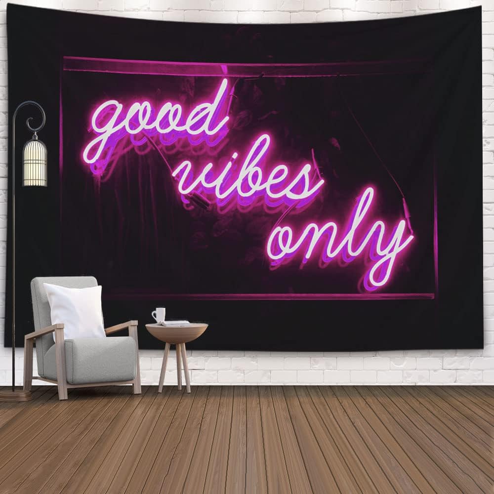 Musesh Tapiz de luz negra de neón rojo rosa con texto en inglés “Good Vibes Only”, decoración de habitación, con cita estética, para dormitorio,