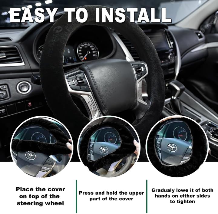Zone Tech – Funda para volante de piel de oveja negra y almohadilla para cinturón de seguridad, funda elástica para volante de piel de oveja, color
