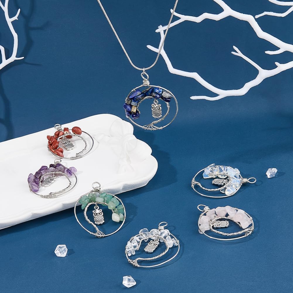 SUPERFINDINGS Dijes colgantes de aleación, colgante de árbol de la vida, alambre de cobre, colgante de cuentas de piedras preciosas de cristal,