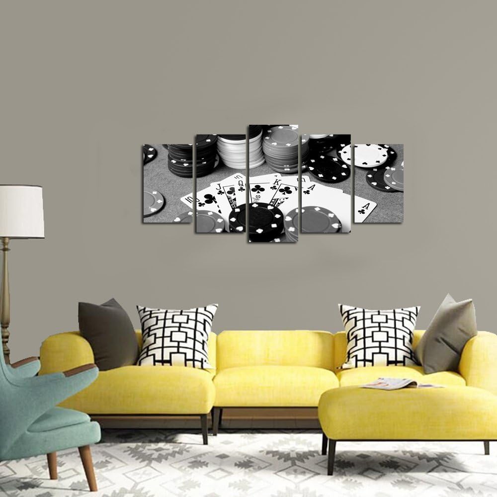 LevvArts – 5 impresiones en lienzo de póquer en blanco y negro, arte de pared para decoración de pared de pub, bar, casino, estirado y enmarcado,