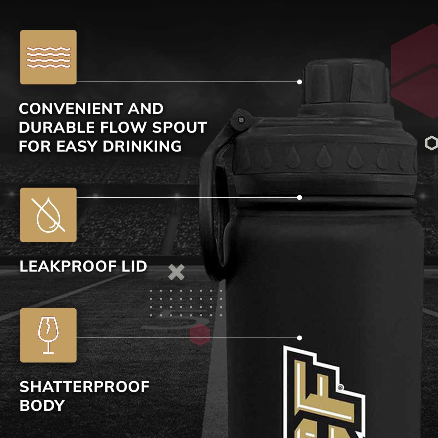 Campus Colors Botella de agua de acero inoxidable de la NCAA, tapa giratoria, 24 onzas, clip de transporte, mantiene tus bebidas calientes o frías