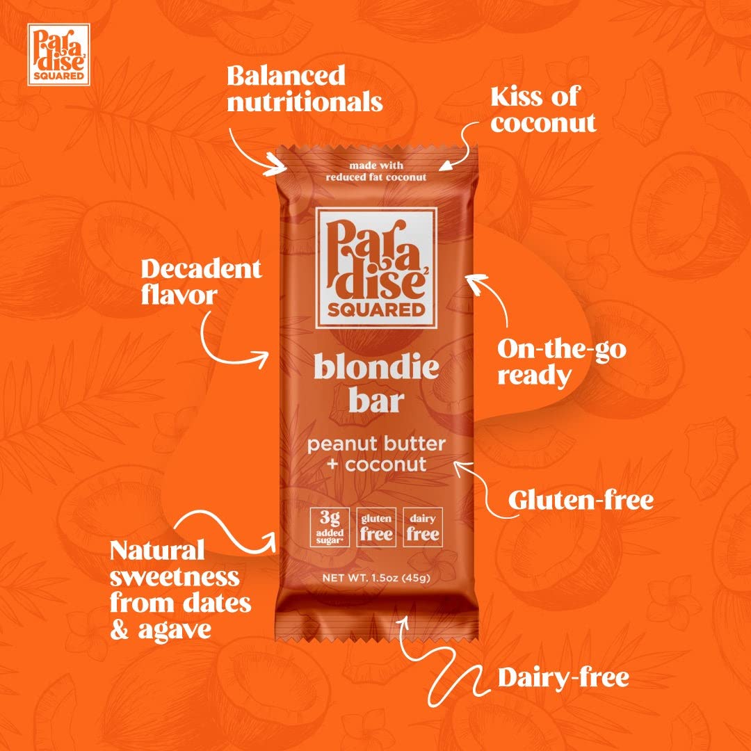 PARADISE SQUARED – Barra vegana de mantequilla de maní de coco Blondie, suave y masticable, sin gluten, kosher, a base de plantas, sin lácteos, sin
