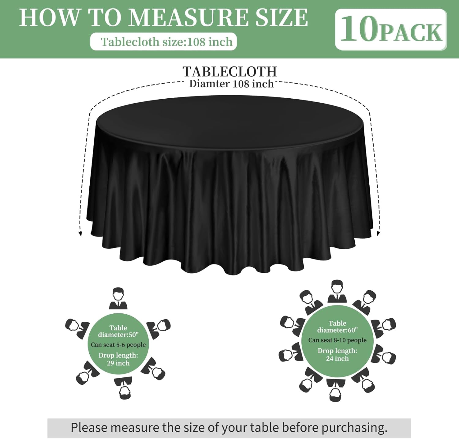 Paquete de 10 manteles de satén de 108 pulgadas, color negro, redondo, sedoso, de tela lavable, de seda brillante, para decoración de bodas,