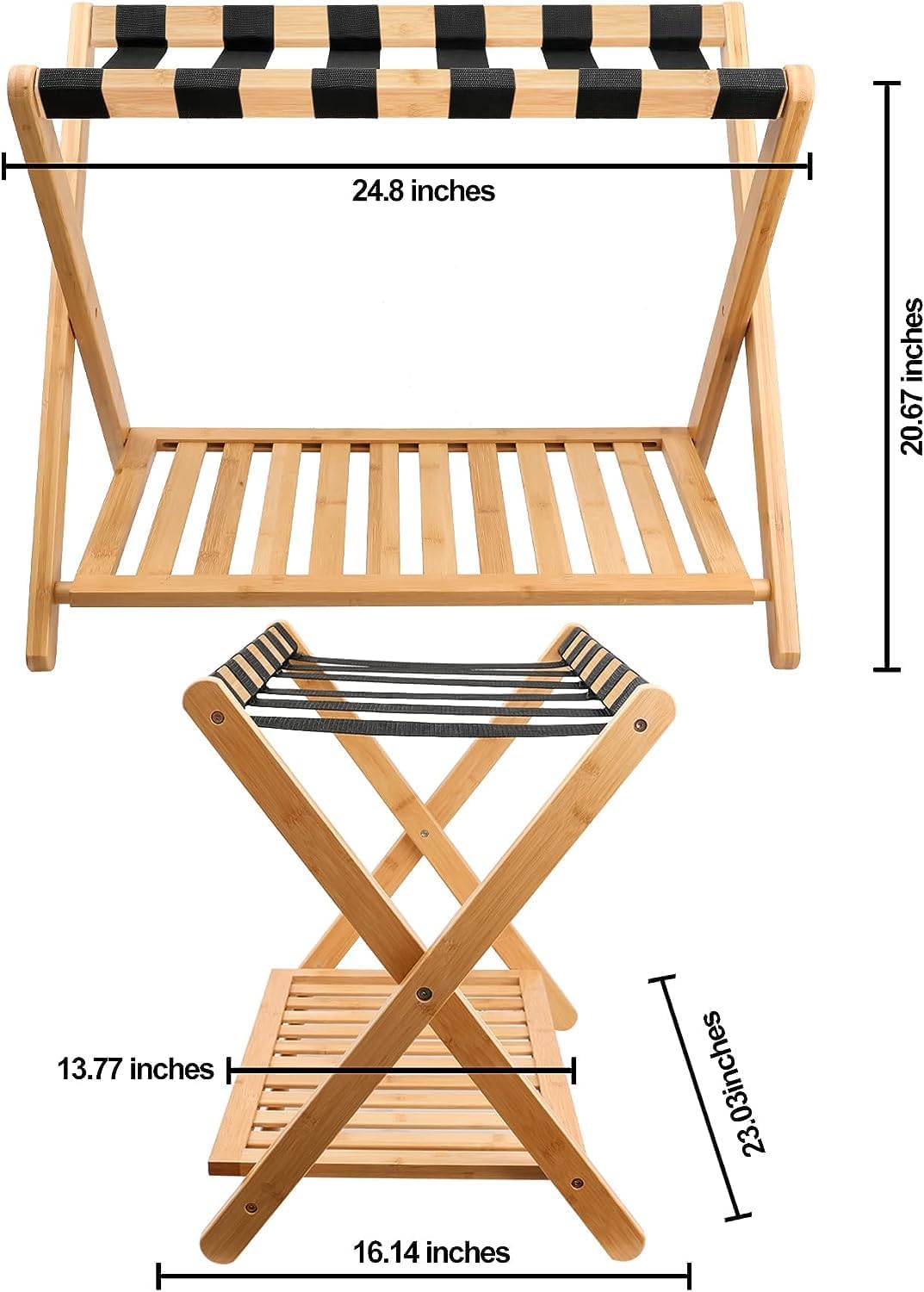 Purbambo Juego de 2 portaequipajes para habitación de invitados, soporte para maleta con estante de almacenamiento, marco de bambú, 6 correas de
