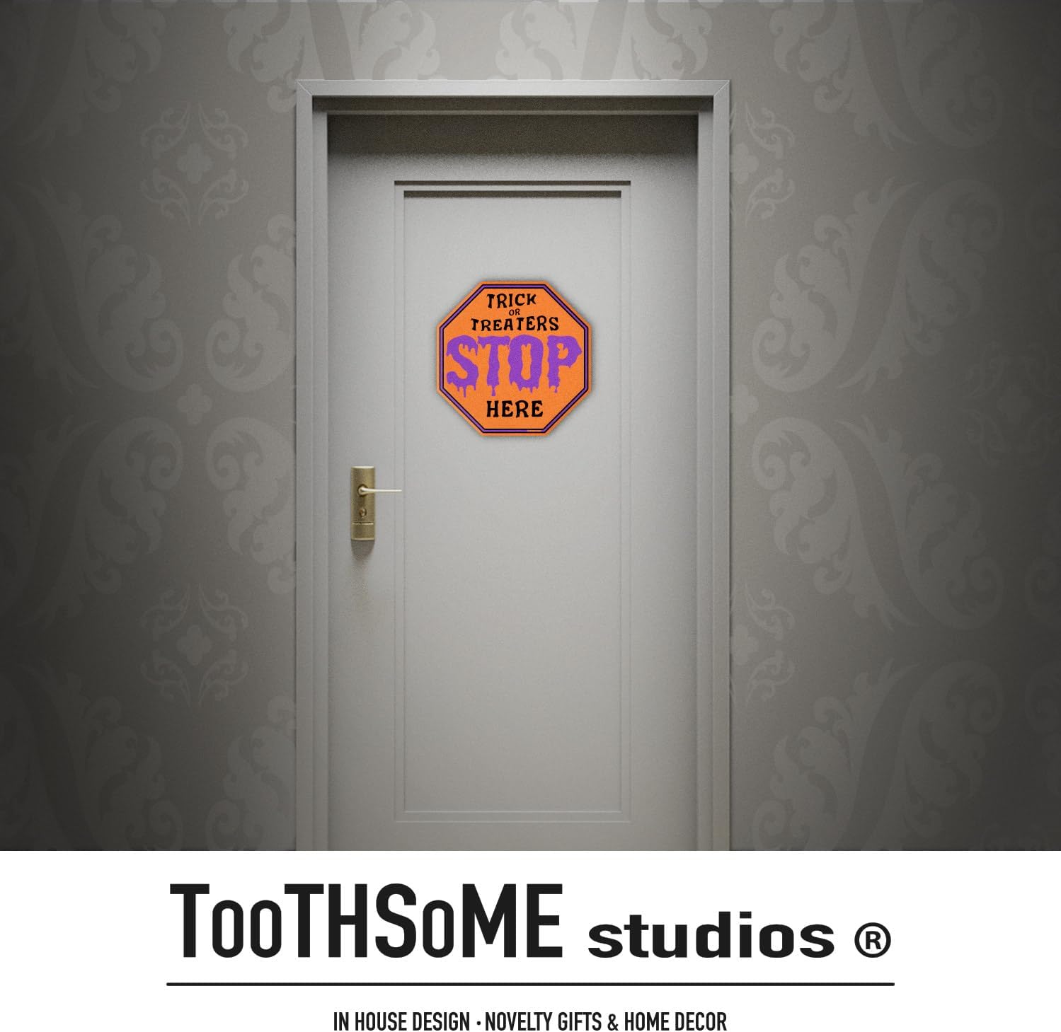 Trick Or Treaters Stop Here – Tema de Halloween de 12 x 12 pulgadas, letrero de alto espeluznante para bar, sala de juegos, hogar, cueva de hombre,