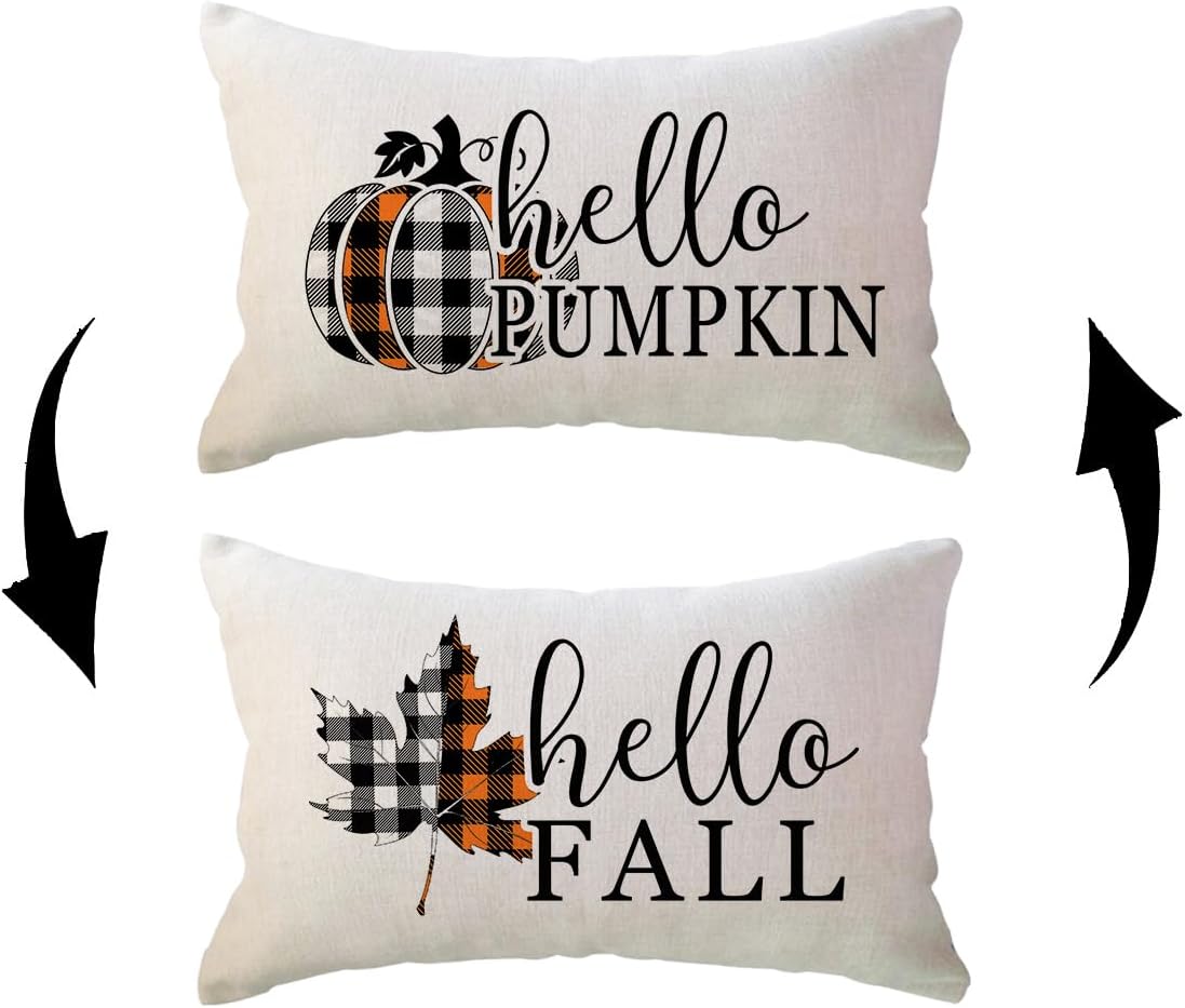 ULOVE LOVE YOURSELF Hello Fall – Fundas de almohada reversibles con estampado de calabaza de búfalo a cuadros de doble cara, funda de cojín lumbar