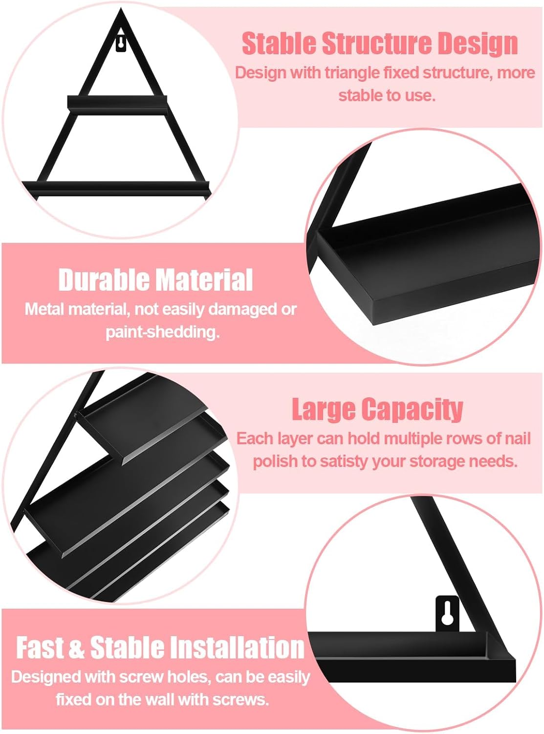 10 estantes de almacenamiento de esmalte de uñas de metal para montaje en pared, 5 niveles, color negro, triangular, vitrina de cosméticos, lápiz