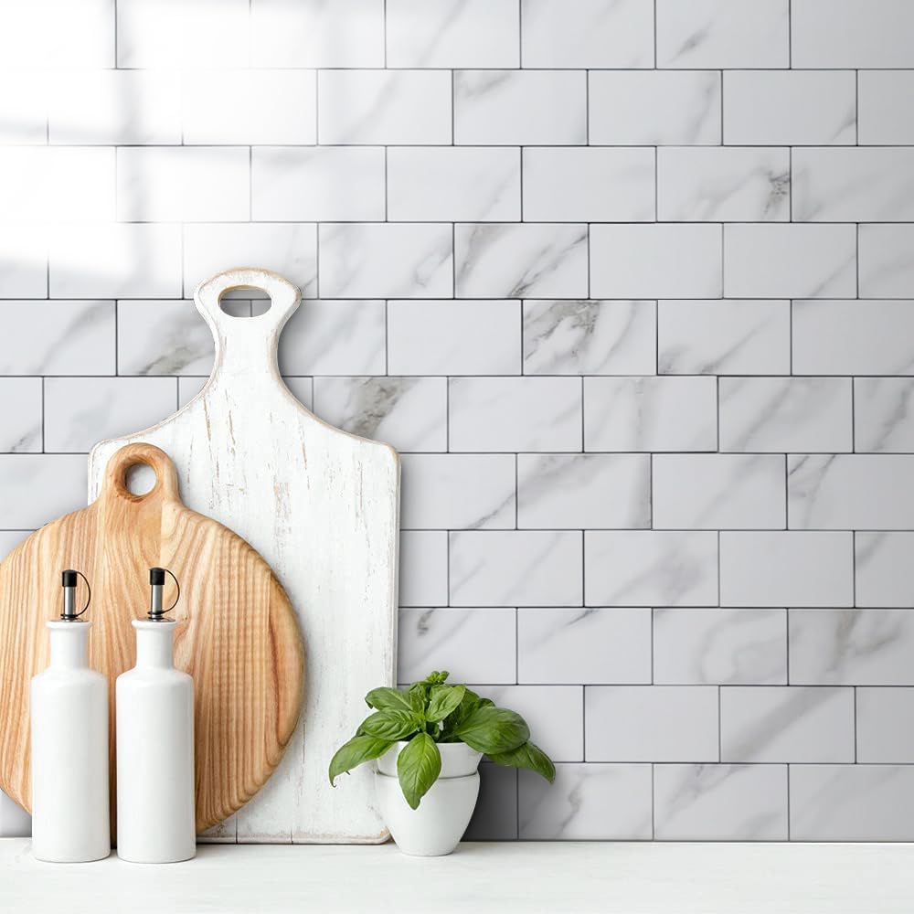 DICOFUN Azulejos de pared de mármol blanco pulido para despegar y pegar, azulejos de metro de PVC de 12 x 12 pulgadas de grosor para salpicaduras de